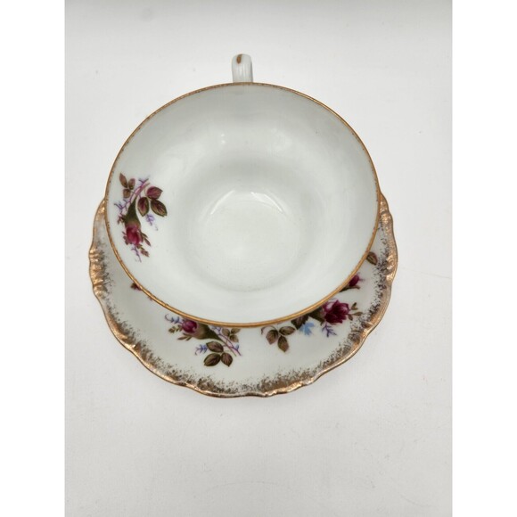 Marco Footed Porcelain China Tea Cup and Saucer Rose with Gold Trim - Picture 6 of 9